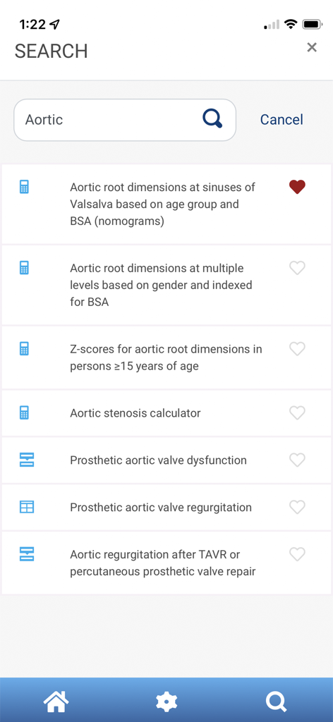 EchoGuide by ASE - Search results screen in the EchoGuide app displaying various aortic medical calculators and clinical guidelines