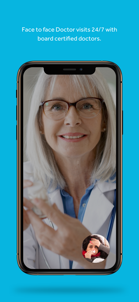 HY - Pantalla de smartphone que muestra una visita médica virtual en la aplicación HealthiestYou con un médico certificado