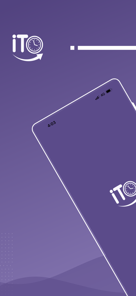 iTO - Startbildschirm der iTO Transport- und Logistik-App mit ihrem Logo und einem Smartphone-Mockup auf violettem Hintergrund