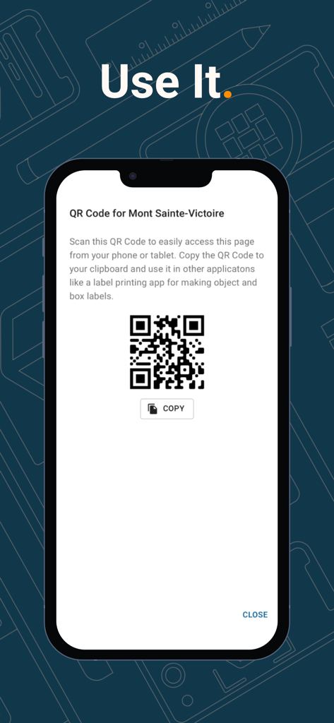 CatalogIt: Manage Collections - CatalogIt app interface showing a QR code for a collection item used for quick access and label printing.