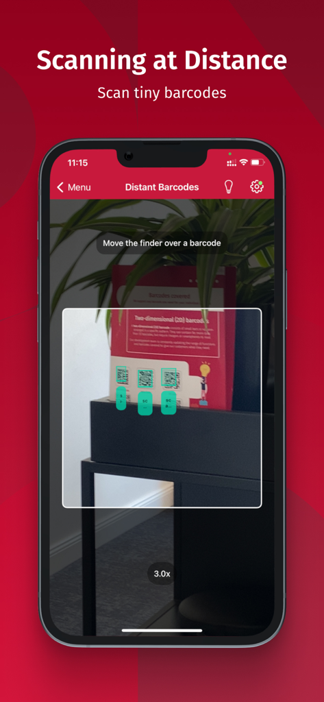 Smartphone screen showing the Scanbot SDK app scanning tiny barcodes from a distance with 3x zoom