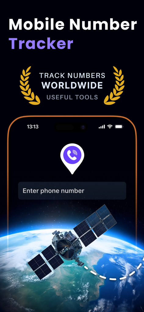 Interface of the Phone Number Locator app showing a field to enter a phone number over a satellite and earth background