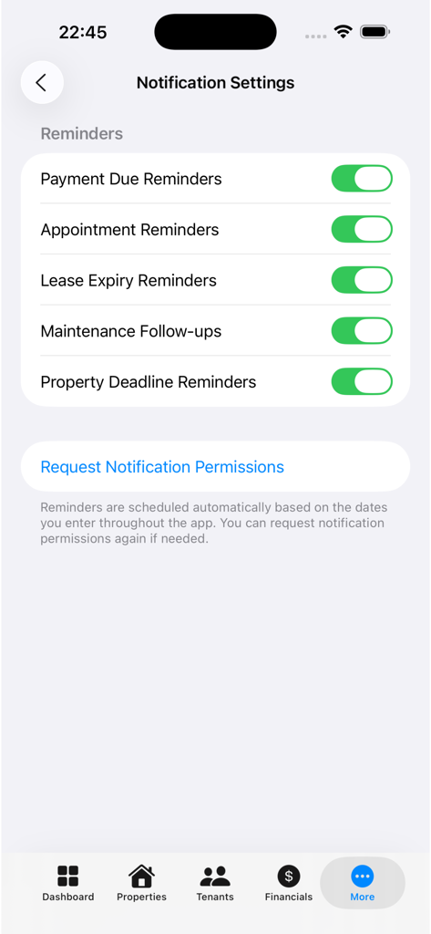 Property Rental Management - Ecrã de definições de notificação para a aplicação de gestão de arrendamento de imóveis, mostrando interruptores para lembretes de pagamento e contratos de arrendamento