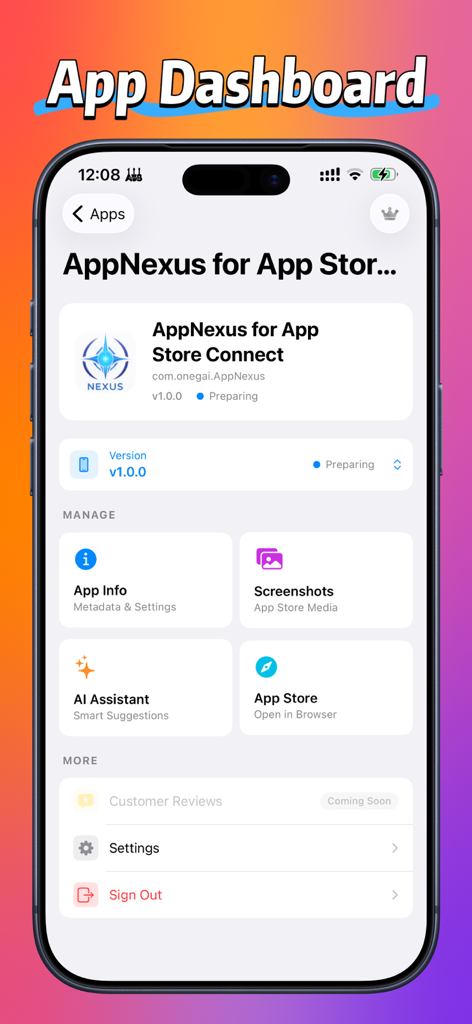 アプリ情報、スクリーンショット、AIアシスタントの管理ツールを示すAppNexusダッシュボード