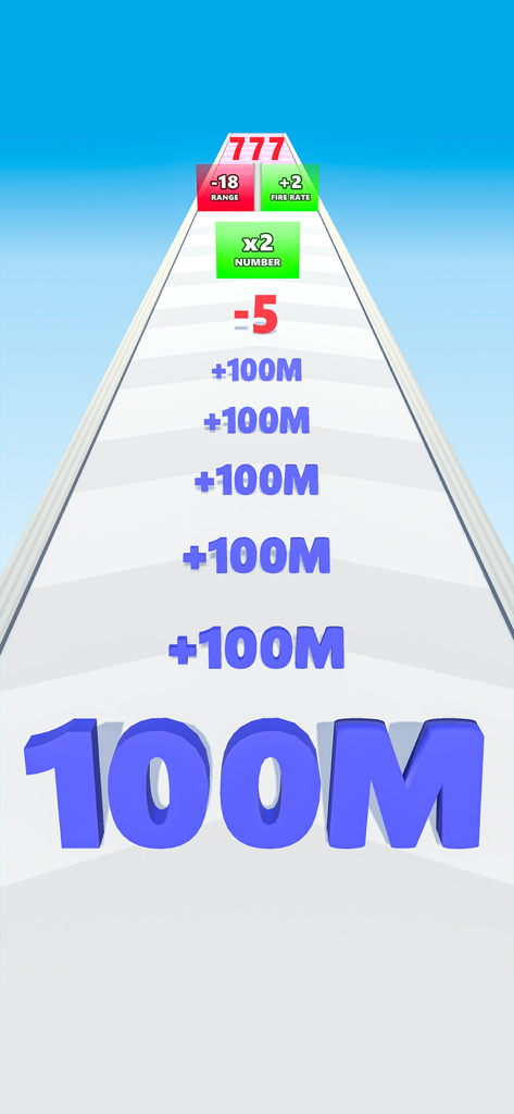 Number Run & Merge: Shooting - Un grande numero blu 100M che corre attraverso cancelli matematici su una pista bianca sotto un cielo blu.