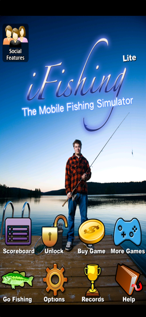 Menú principal de la aplicación simuladora de pesca móvil i Fishing Lite con un pescador en un muelle.