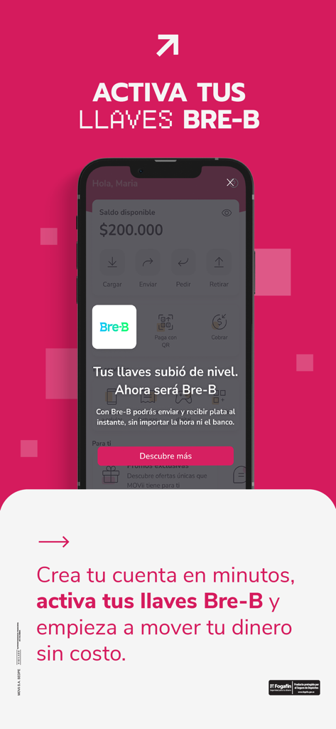 MOVii - Interfaz de la aplicación MOVii promocionando la función de transferencia instantánea de dinero Bre-B