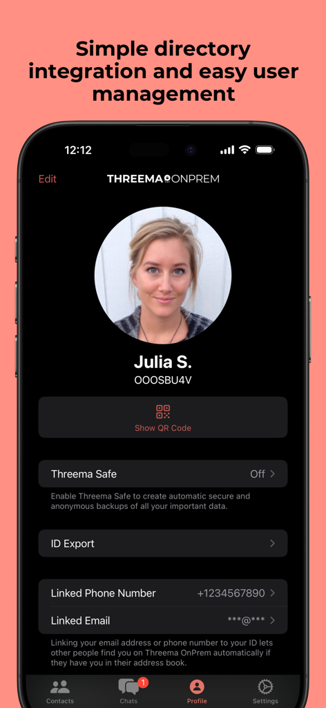 Écran du profil utilisateur Threema OnPrem affichant l'intégration d'annuaire et les options de gestion