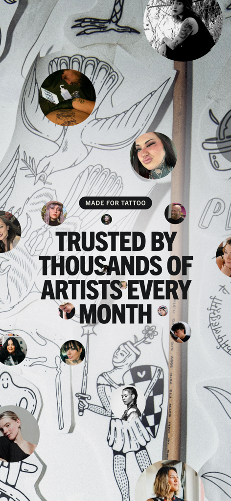 Promotional screen for Venue Ink showing tattoo artists profile pictures over tattoo sketches with text stating it is trusted by thousands of artists every month