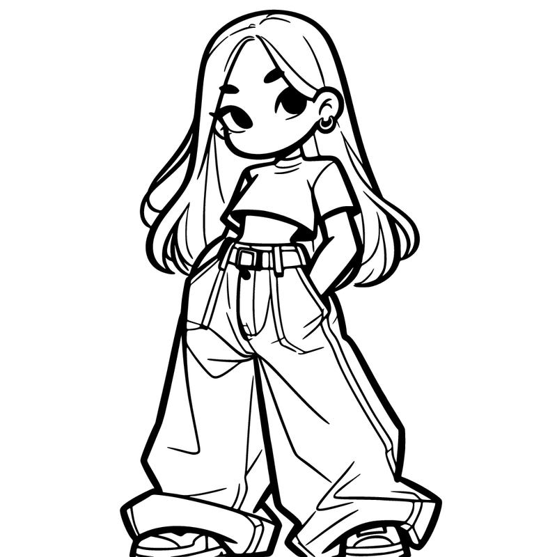 girl with long hair baggy pants and a crop top