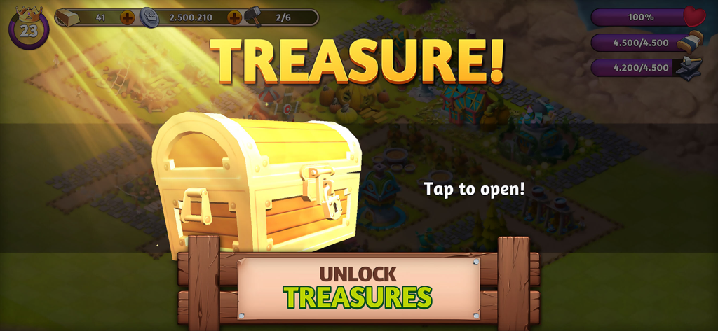 Fantasy Island: Sim Adventure - Eine leuchtende goldene Schatztruhe in Fantasy Island Sim Adventure mit dem Text 'Schätze freischalten'.