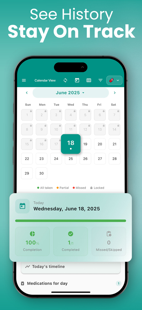MedAlert: Pill Reminder - Visualização de calendário do aplicativo MedAlert mostrando o histórico de medicamentos e as taxas de conclusão diária.