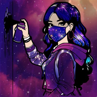 realistic girl with mask spray painting a wall