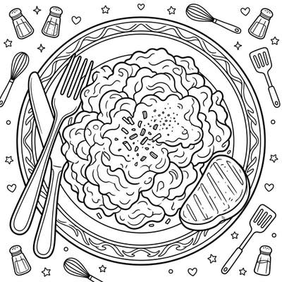 Start your day with a splash of color! This delightful coloring page features a hearty plate of fluffy scrambled eggs, ready for your artistic touch. Dive into a cozy breakfast scene, complete with toast and kitchen delights.