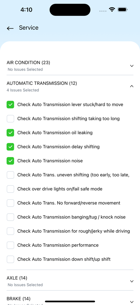 Aljazirah Vehicles - A mobile app interface for selecting specific car service issues including automatic transmission diagnostics