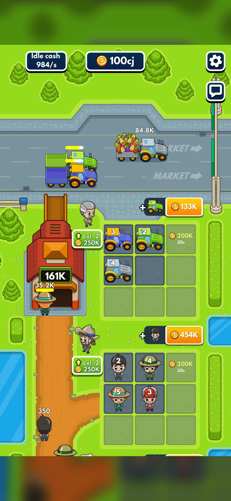 Idle Farm Tycoon - Merge Game - Screenshot of Idle Farm Tycoon showing the merge grids for tractors and farm workers to upgrade productivity.