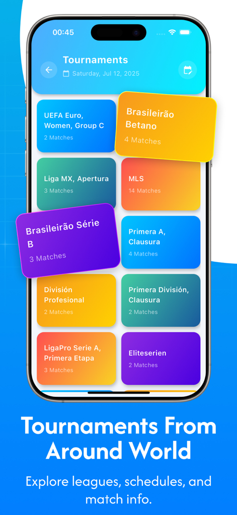 Score808 app screenshot showing various international football leagues and tournaments like MLS and Liga MX.