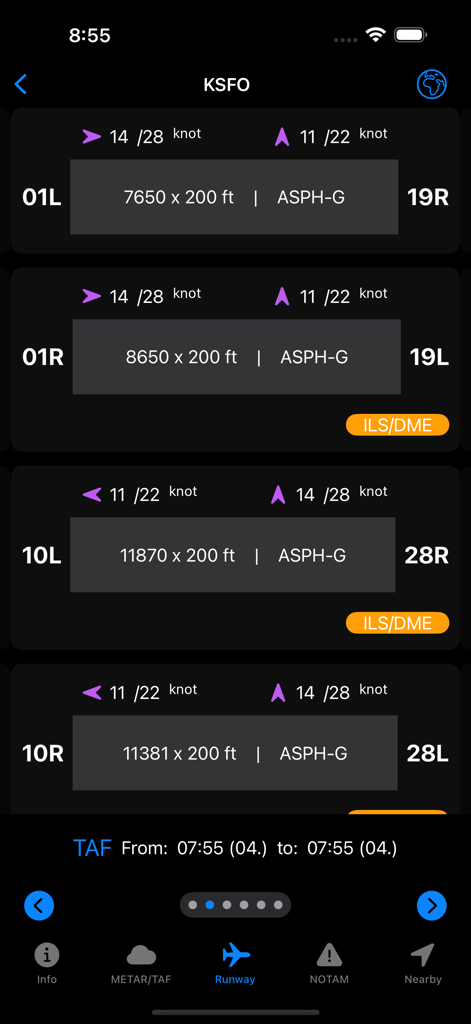 Airport runway details and wind data for pilots on the Aviation Weather app