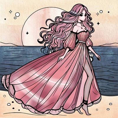 beautiful woman with a vaporous long dress walking on the beach at the noon, detailed art