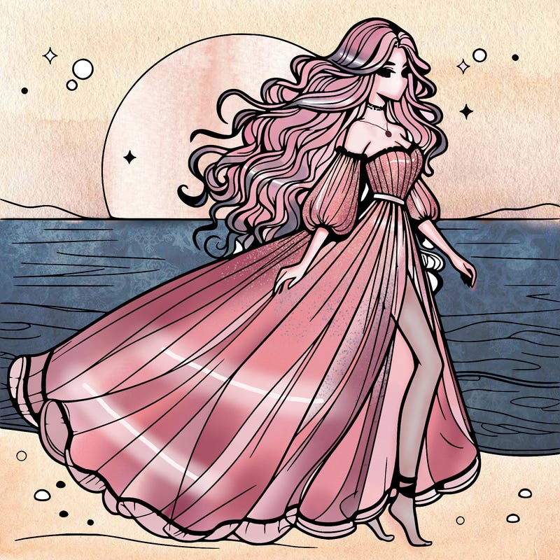 beautiful woman with a vaporous long dress walking on the beach at the noon, detailed art