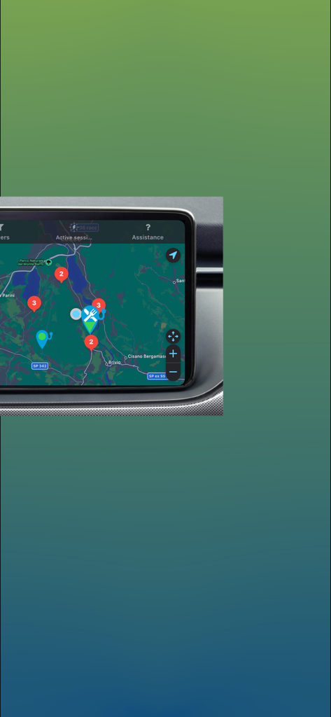 evway - Car Navigator eMX - evway app displayed on a car dashboard screen showing a navigation map with EV charging stations and restaurant icons.
