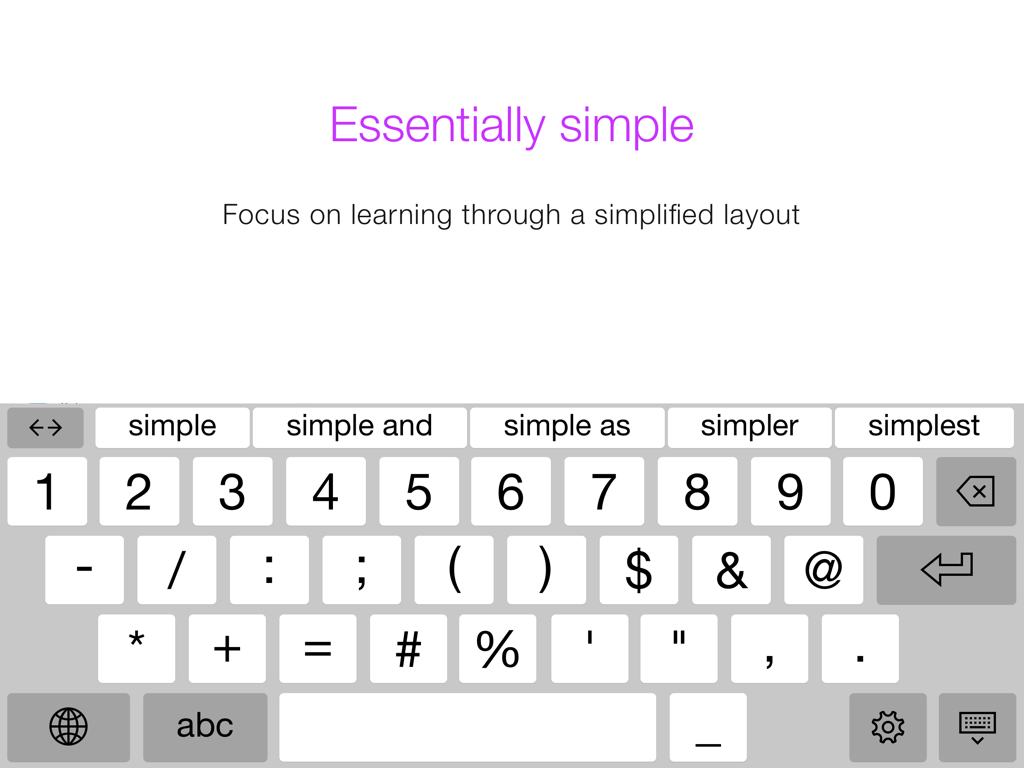 Keedogo Plus iPad keyboard showing a simplified numeric and symbolic layout with word prediction bar