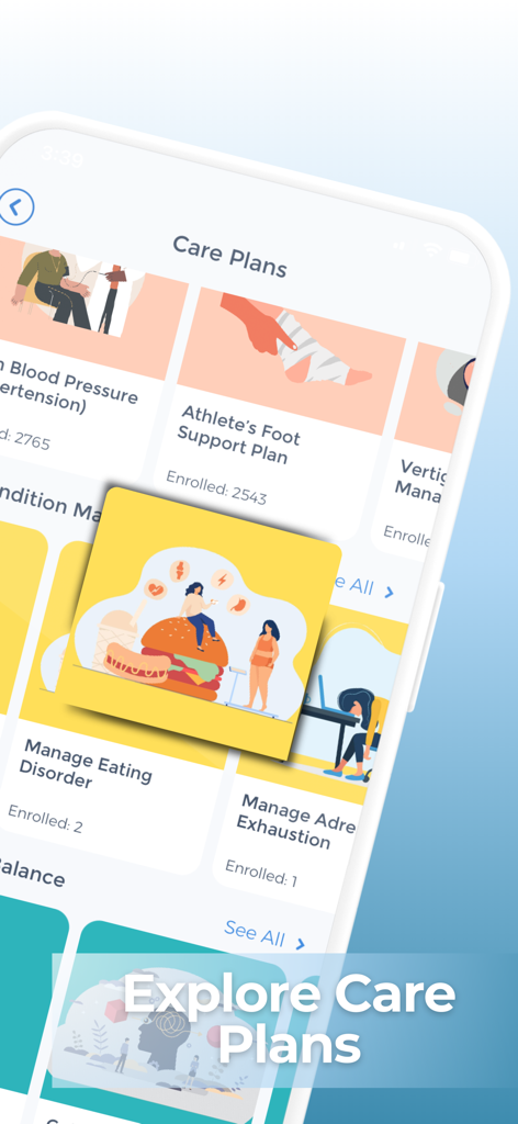 Interface do aplicativo móvel Esana mostrando vários planos de saúde, incluindo gerenciamento de transtornos alimentares