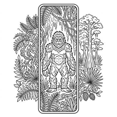 Dive into the intriguing world of cryptids with this captivating Skunk Ape bookmark coloring page, specially designed for teens. This intricate linear illustration features the elusive creature amidst lush swamp foliage, offering a unique and engaging coloring experience.