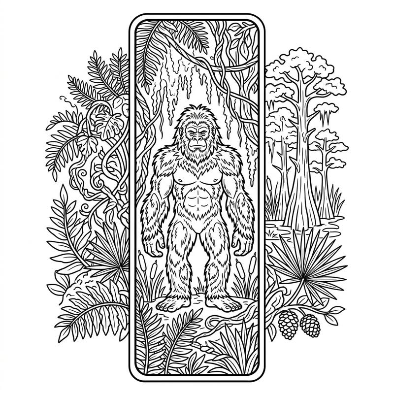 Dive into the intriguing world of cryptids with this captivating Skunk Ape bookmark coloring page, specially designed for teens. This intricate linear illustration features the elusive creature amidst lush swamp foliage, offering a unique and engaging coloring experience.