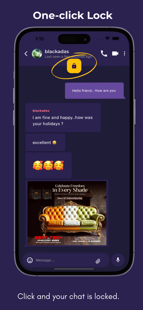 Secret Chat - DailyNewsTalk - Screenshot of Secret Chat app interface highlighting the one-click lock button to secure private messages
