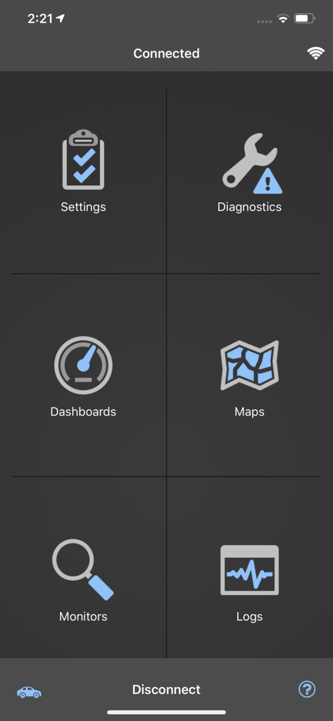 OBDLink mobile app home screen showing navigation icons for diagnostics dashboards maps monitors and logs