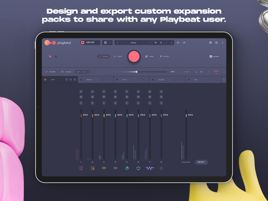 Playbeat 4 app iPad che mostra l'interfaccia del mixer e del sequencer per la creazione di pattern ritmici