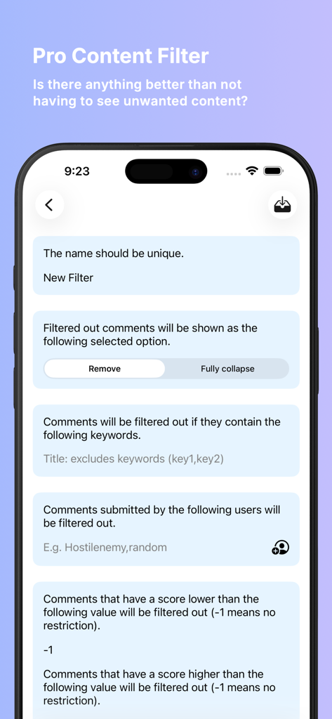 Infinity for Reddit Pro content filter settings screen with options for keyword and user filtering