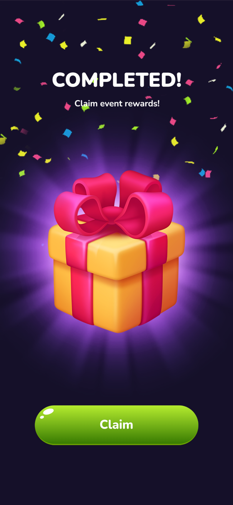 Uma caixa de presente com uma fita rosa e confetes em uma tela de conclusão de quebra-cabeça com um botão de reivindicação