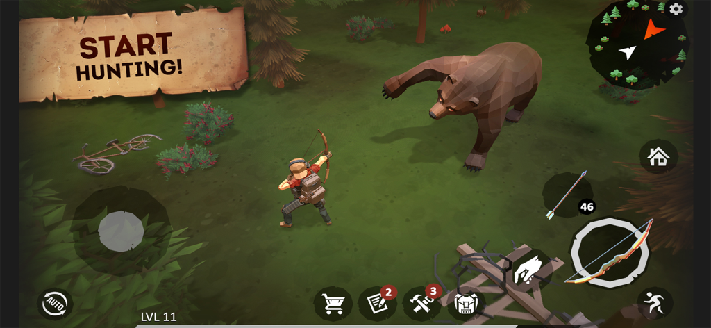 Last Survivor: Zombie Survival - A character aiming a bow and arrow at a large grizzly bear in a forest clearing