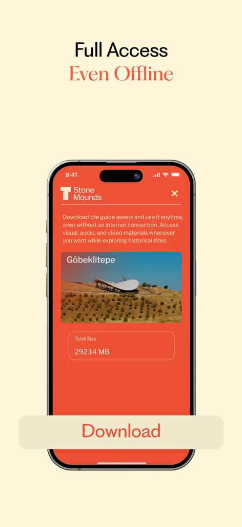 StoneMounds - Interface do aplicativo StoneMounds mostrando o recurso de download offline para o guia arqueológico de Gobeklitepe
