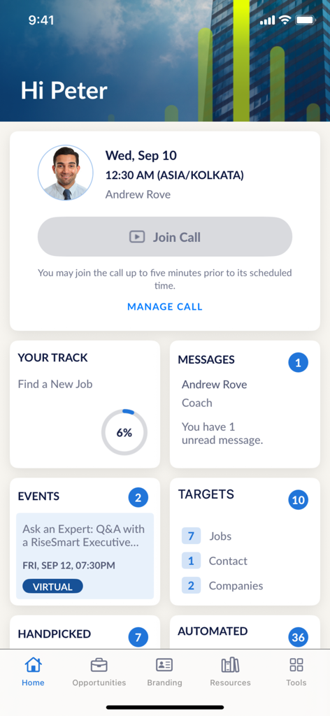 Randstad RiseSmart - Randstad RiseSmart app dashboard showing career coaching call details and job search status