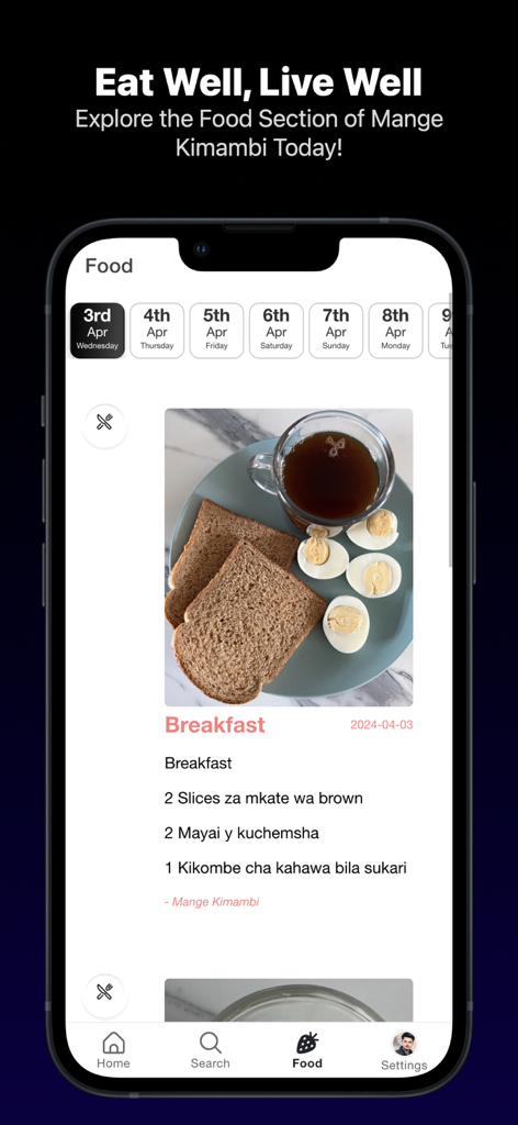 A smartphone showing the food and healthy eating section of the Mange Kimambi app featuring a breakfast meal with brown bread, boiled eggs, and coffee.