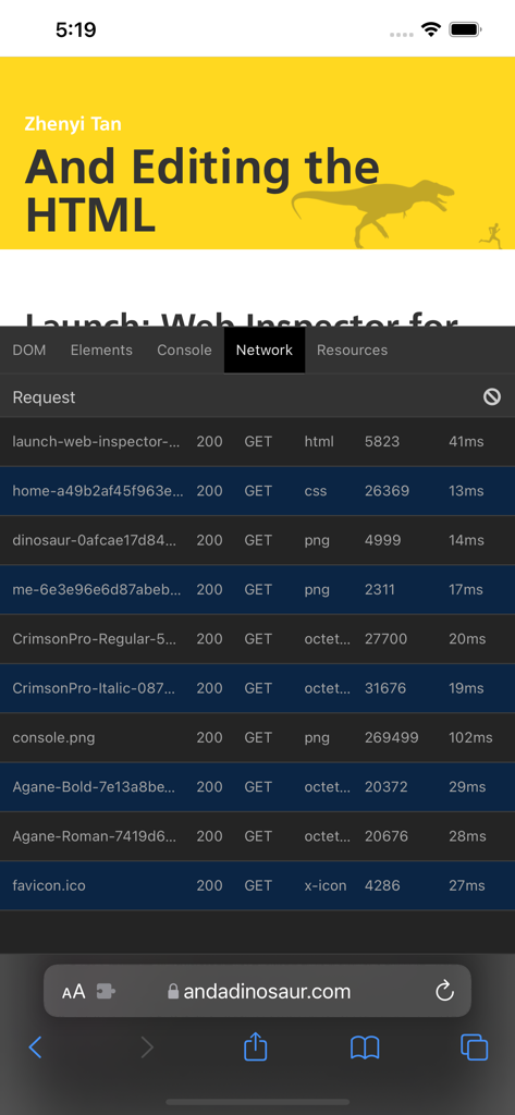 Interface de l'application mobile montrant les requêtes réseau en temps réel et les codes d'état d'un site web dans Safari