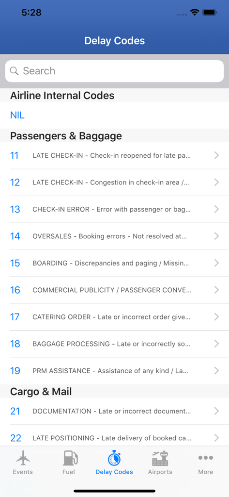 737 Pilot - A list of aviation delay codes in the 737 Pilot app categorized by passenger baggage and cargo