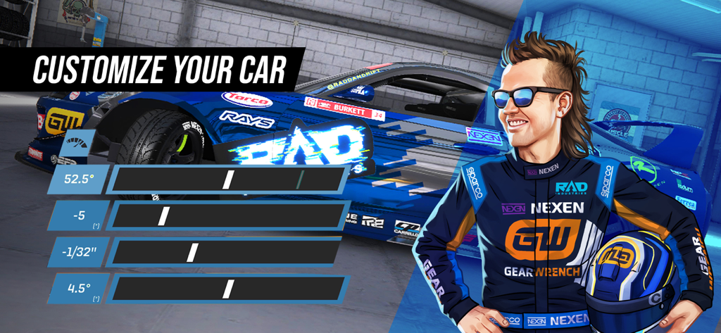 Torque Drift - Pantalla de personalización de coches en Torque Drift con controles deslizantes de ajuste y un coche de carreras azul.
