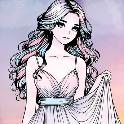 realistic girl in flowy silky prom dress