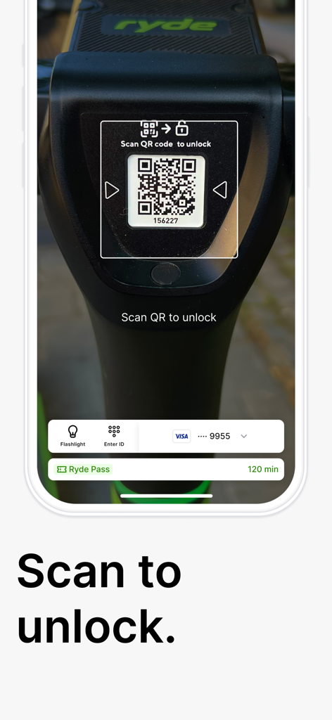 Ryde app interface scanning a QR code on an electric scooter to unlock it