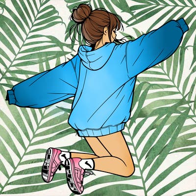 realistic girl jumping with a bun and oversized sweatshirt