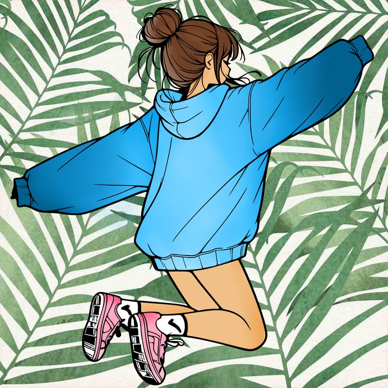 realistic girl jumping with a bun and oversized sweatshirt