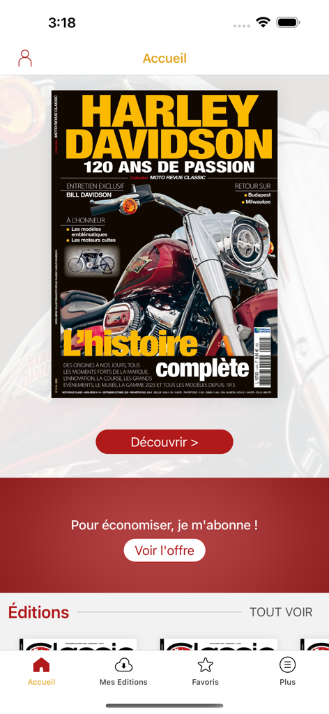 Homepage dell'app Moto Revue Classic che mostra la copertina di una rivista speciale su Harley Davidson.