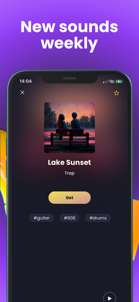Trap Drum Pads Guru - Trap Drum Pads Guru app interface showing a new weekly sound pack called Lake Sunset with guitar and 808 tags