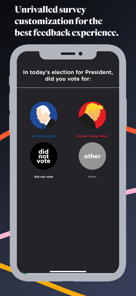 Surveyapp - Smiley Surveys - Uno schermo di smartphone che mostra un sondaggio elettorale personalizzato in Surveyapp, dimostrando opzioni di progettazione di sondaggi flessibili.