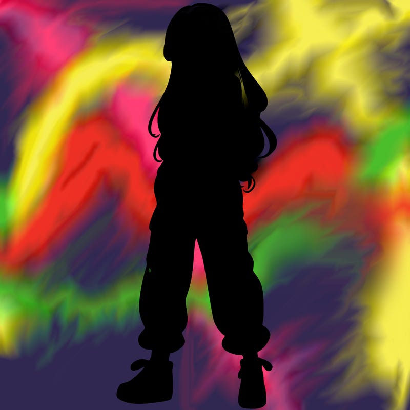 girl in baggy pants crop top and long hair