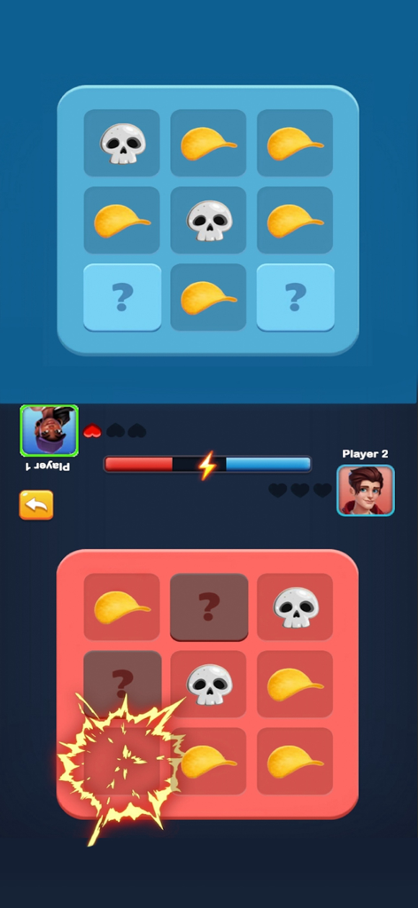 Chip Blast Challenge: 2 Player - Two player game interface of Chip Blast Challenge showing grids with chips and skulls
